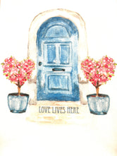 Love Lives Here - Blue Door with Heart Topiaries Tea / Dish Towel