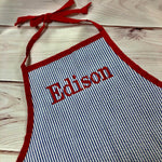 Seersucker Apron/Art Smock - Navy with Red Trim - Pistachios Monograms and Gifts