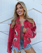 Red Corduroy Sequin Football Cropped Jacket