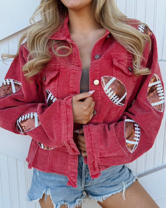 Red Corduroy Sequin Football Cropped Jacket