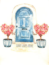 Love Lives Here - Blue Door with Heart Topiaries  Tea / Dish Towel