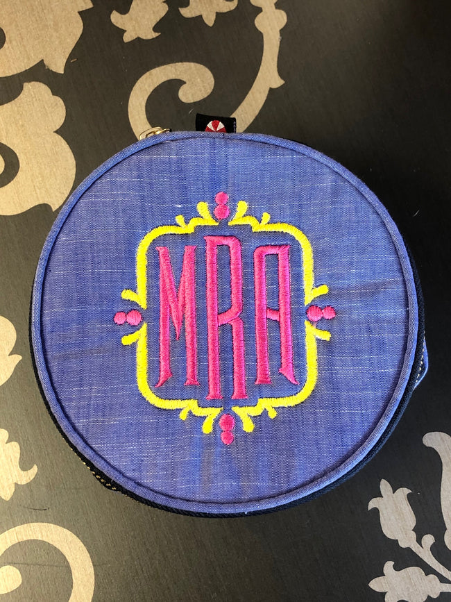 Button Bag/Jewelry Round - Chambray - Pistachios Monogram Embroidery