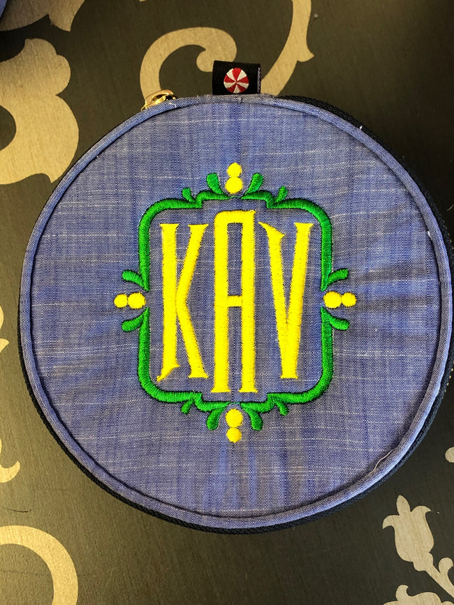 Button Bag/Jewelry Round - Chambray - Pistachios Monogram Embroidery