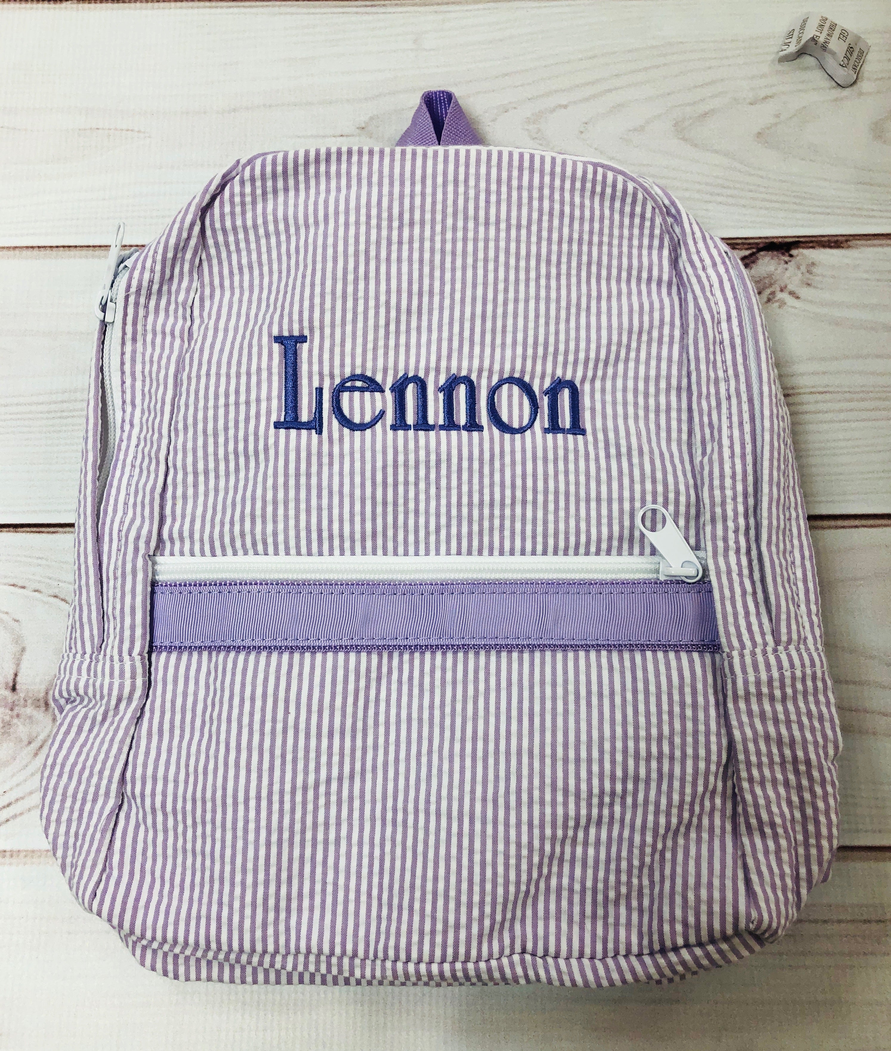 Seersucker Backpack Lilac Small Pistachios Monograms and Gifts