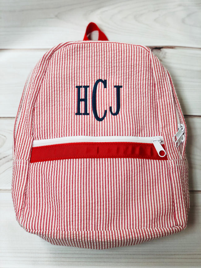 Seersucker Backpack -  Red   Small - Pistachios Monograms and Gifts