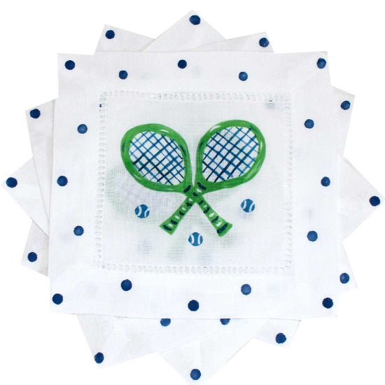 Tennis Racquet Linen Cocktail Napkins - Green/Blue