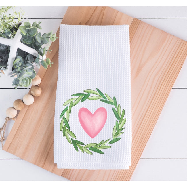 Wreath With Pink Heart Valentine Kitchen Dish Towel